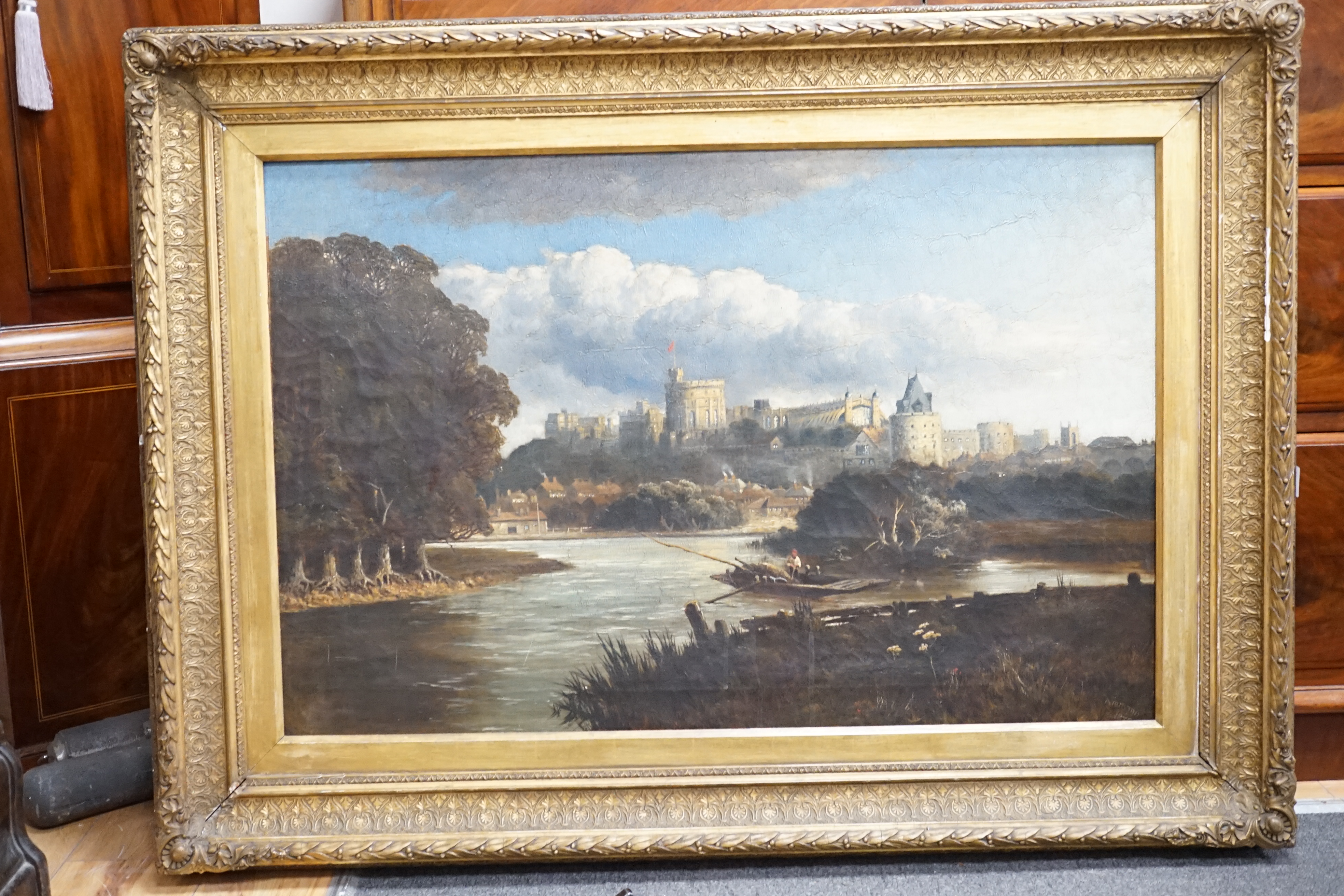 Edmund John Niemann (fl.1863-1887), oil on canvas, Windsor Castle from the Thames, signed and dated 1879, 59 x 90cm